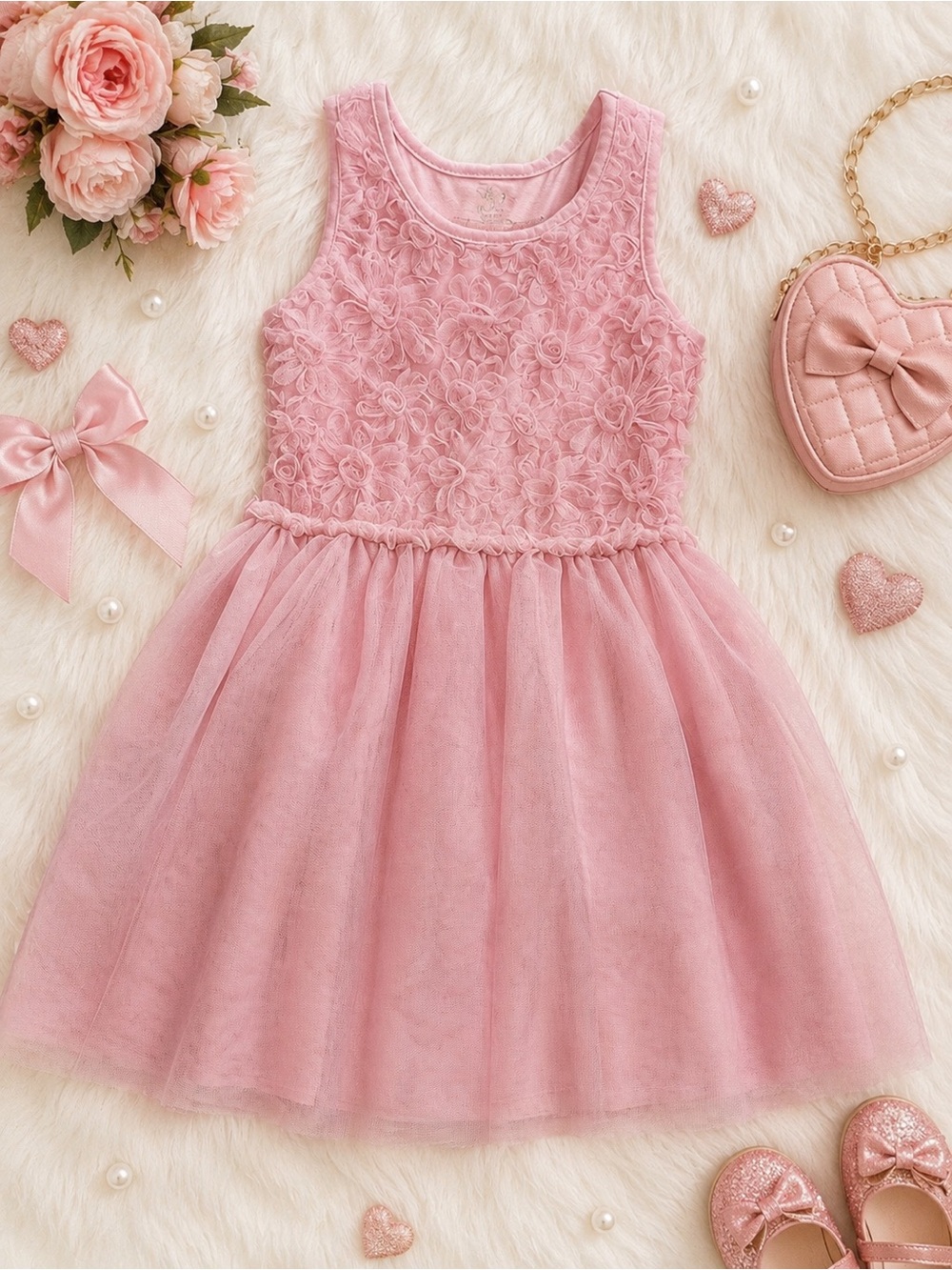 1989 Place Girls Pink Floral Tulle Party Dress Size 7